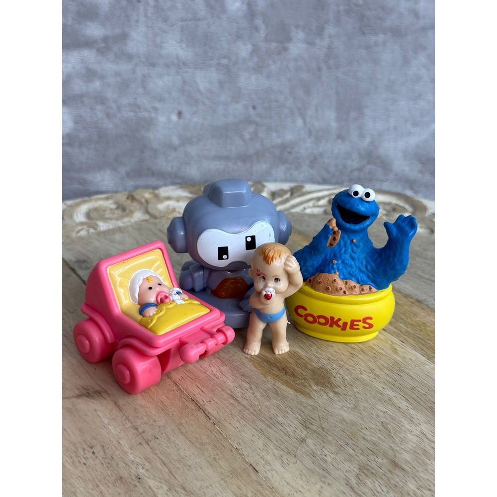 Vintage Cookie Monster Robot Baby Stroller Small Toy Figure Lot 4pc Mixed Brands